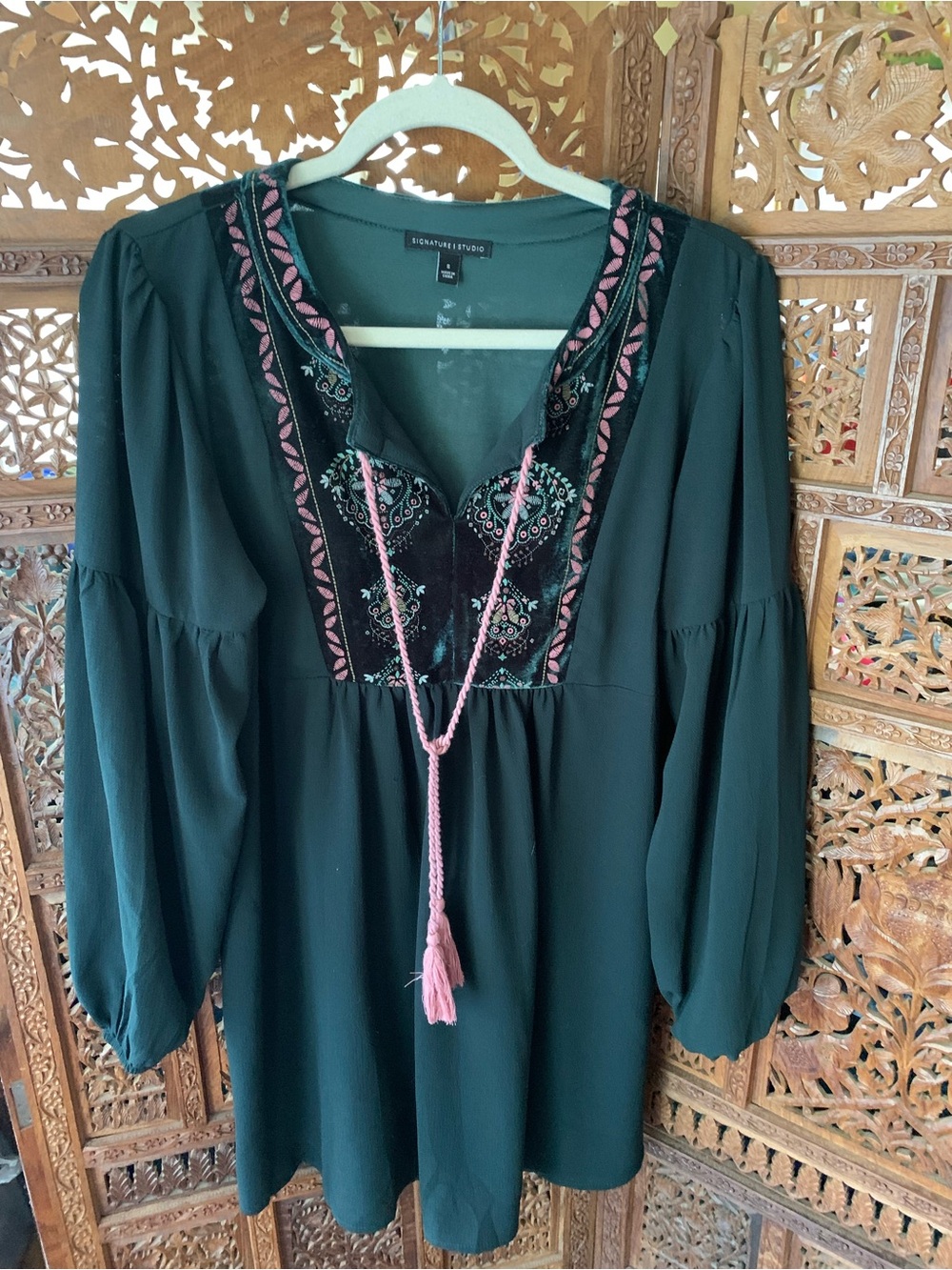 Signature Studio Dark Green Peasant Tunic Dress with Pink Embroidery